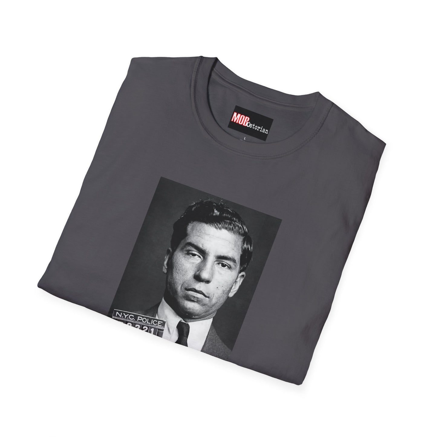 Lucky Luciano Mug Shot with Background with Caption White Lettering
