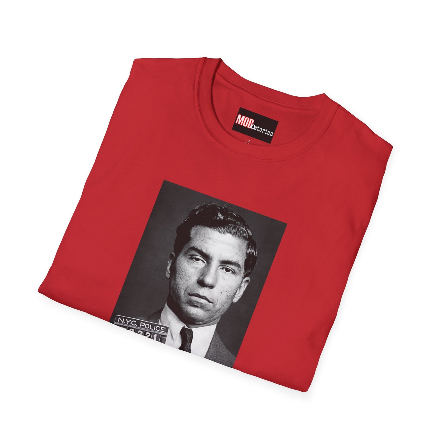 Lucky Luciano Mug Shot with Background with Caption White Lettering