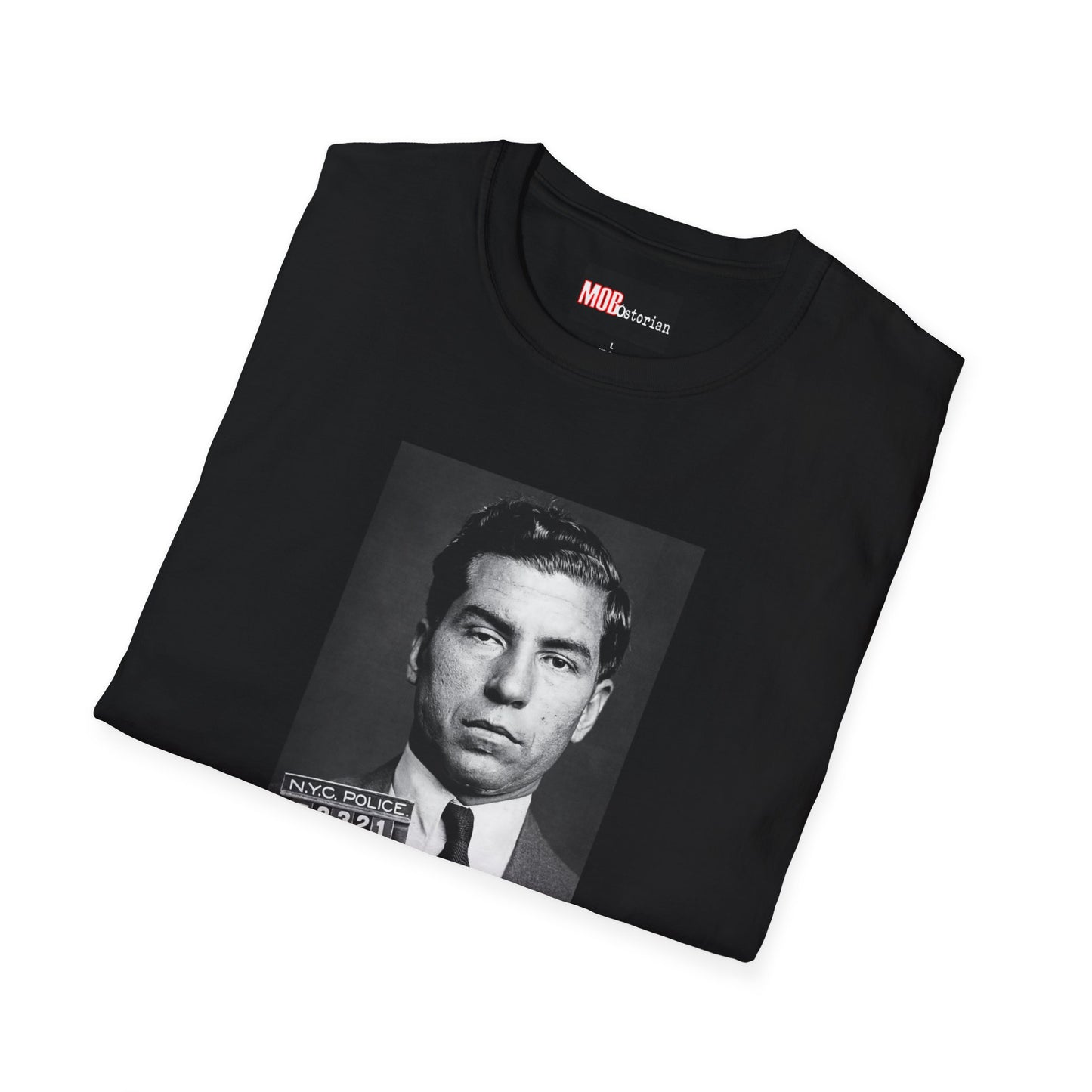 Lucky Luciano Mug Shot with Background with Caption White Lettering