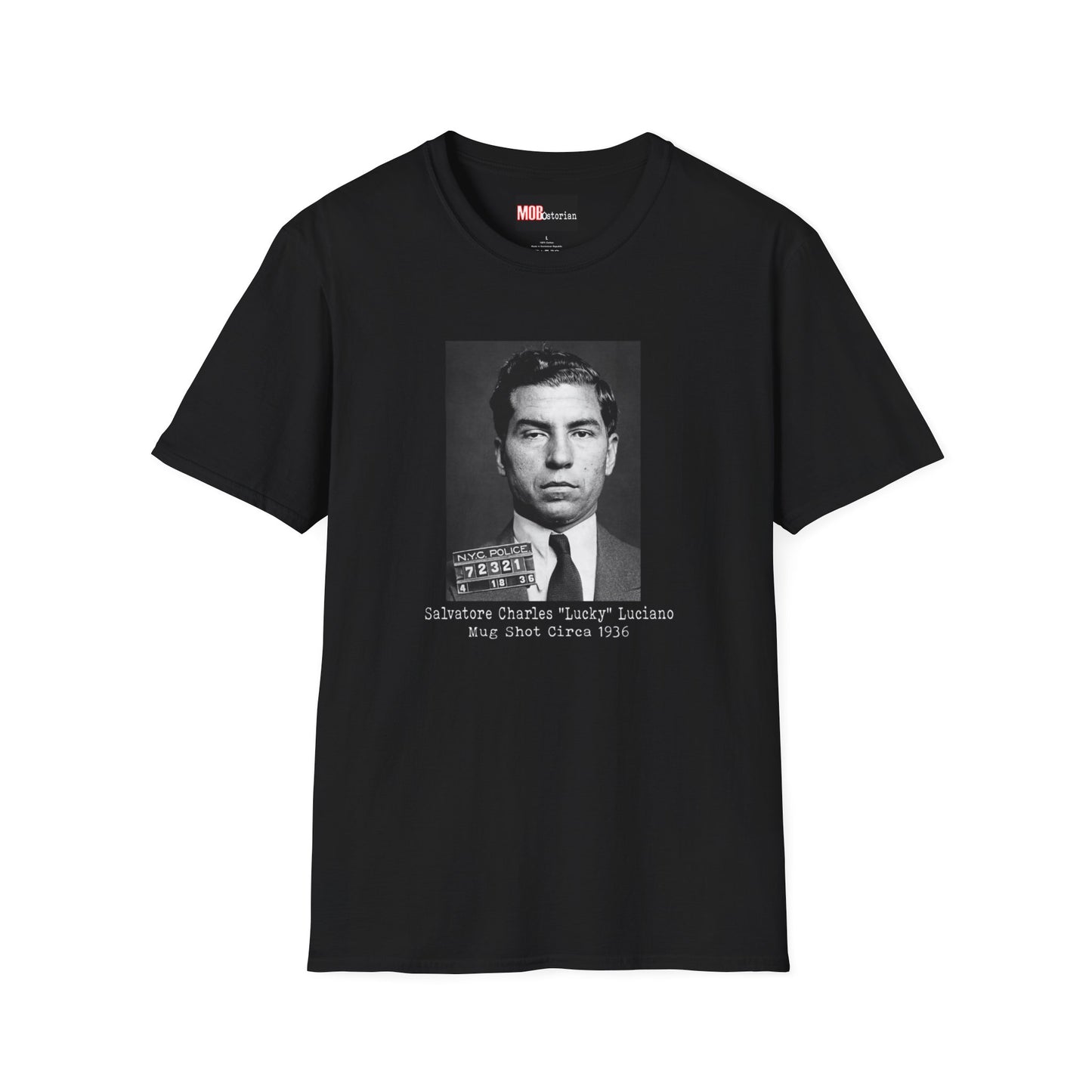 Lucky Luciano Mug Shot with Background with Caption White Lettering