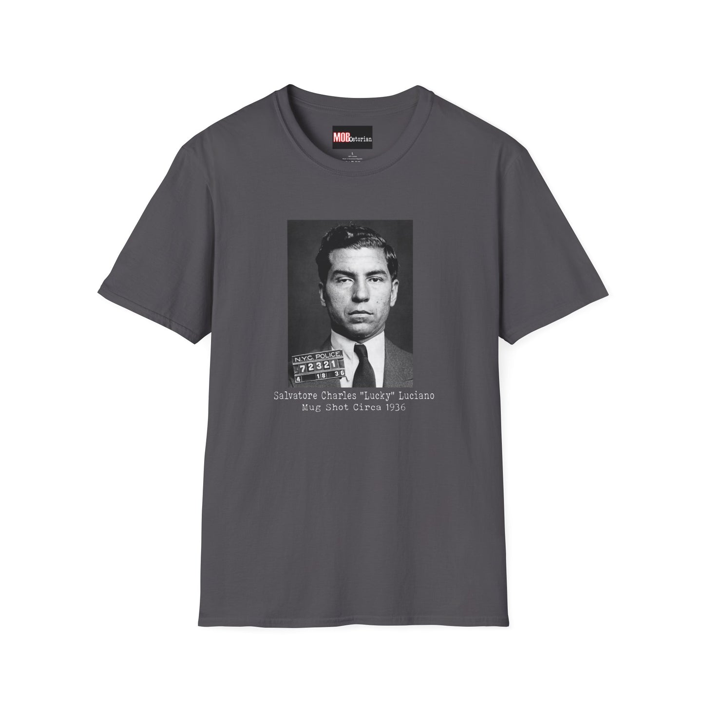 Lucky Luciano Mug Shot with Background with Caption White Lettering