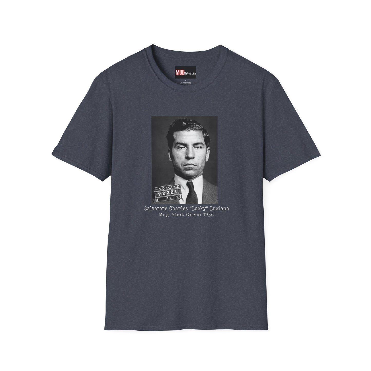 Lucky Luciano Mug Shot with Background with Caption White Lettering