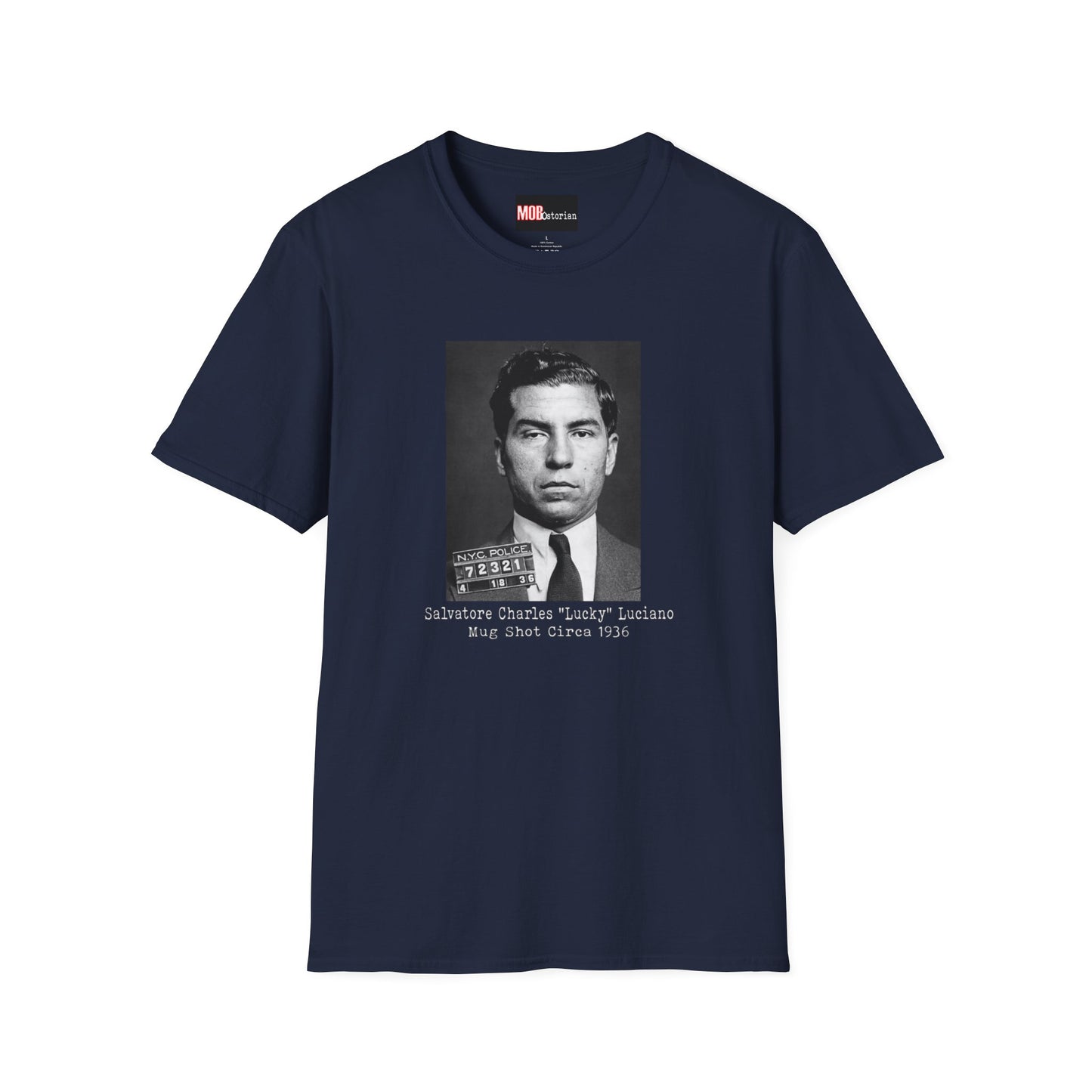 Lucky Luciano Mug Shot with Background with Caption White Lettering