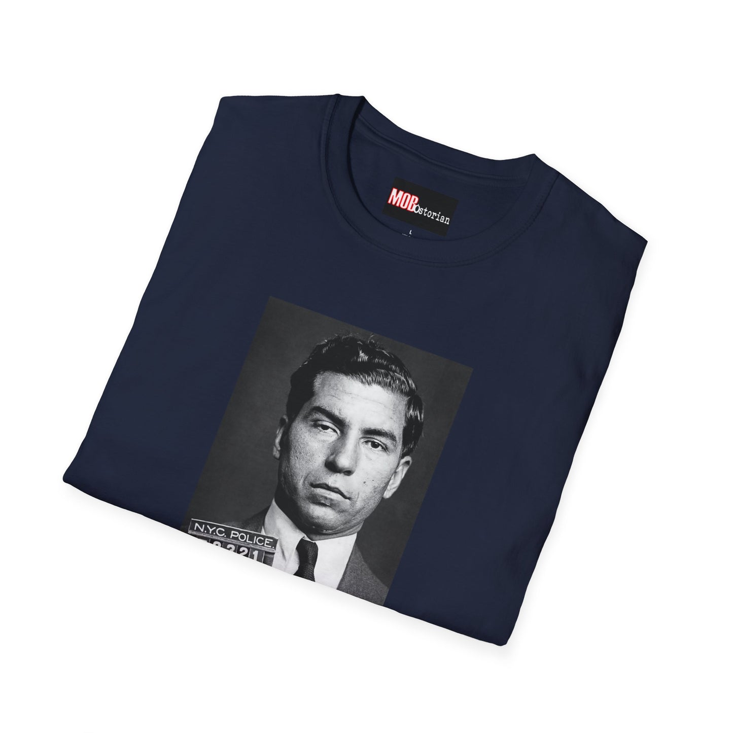 Lucky Luciano Mug Shot with Background with Caption White Lettering
