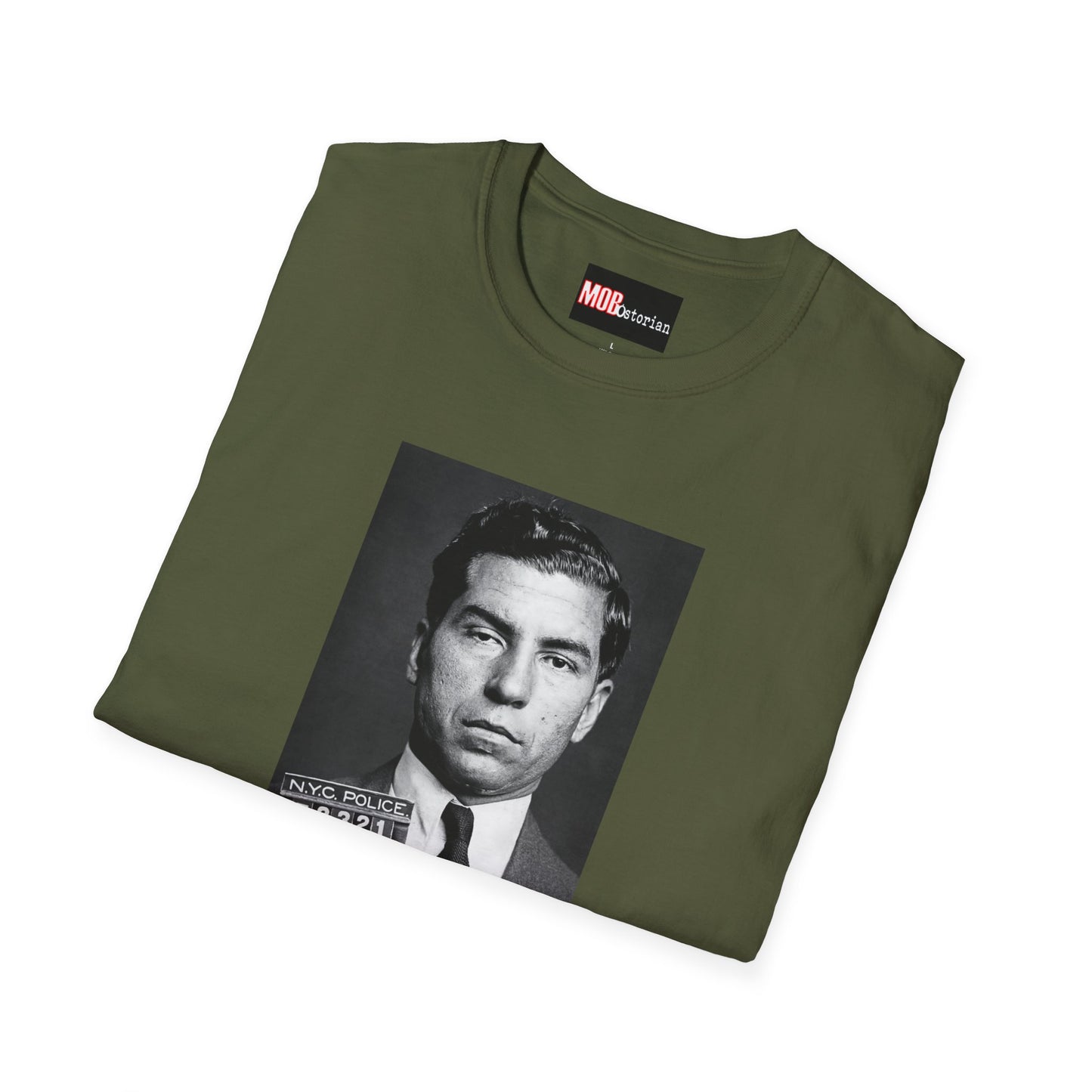 Lucky Luciano Mug Shot with Background with Caption White Lettering
