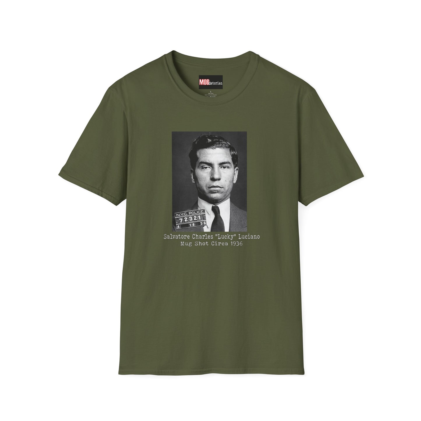 Lucky Luciano Mug Shot with Background with Caption White Lettering