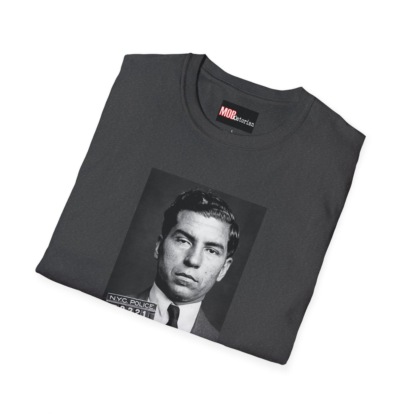 Lucky Luciano Mug Shot with Background with Caption White Lettering