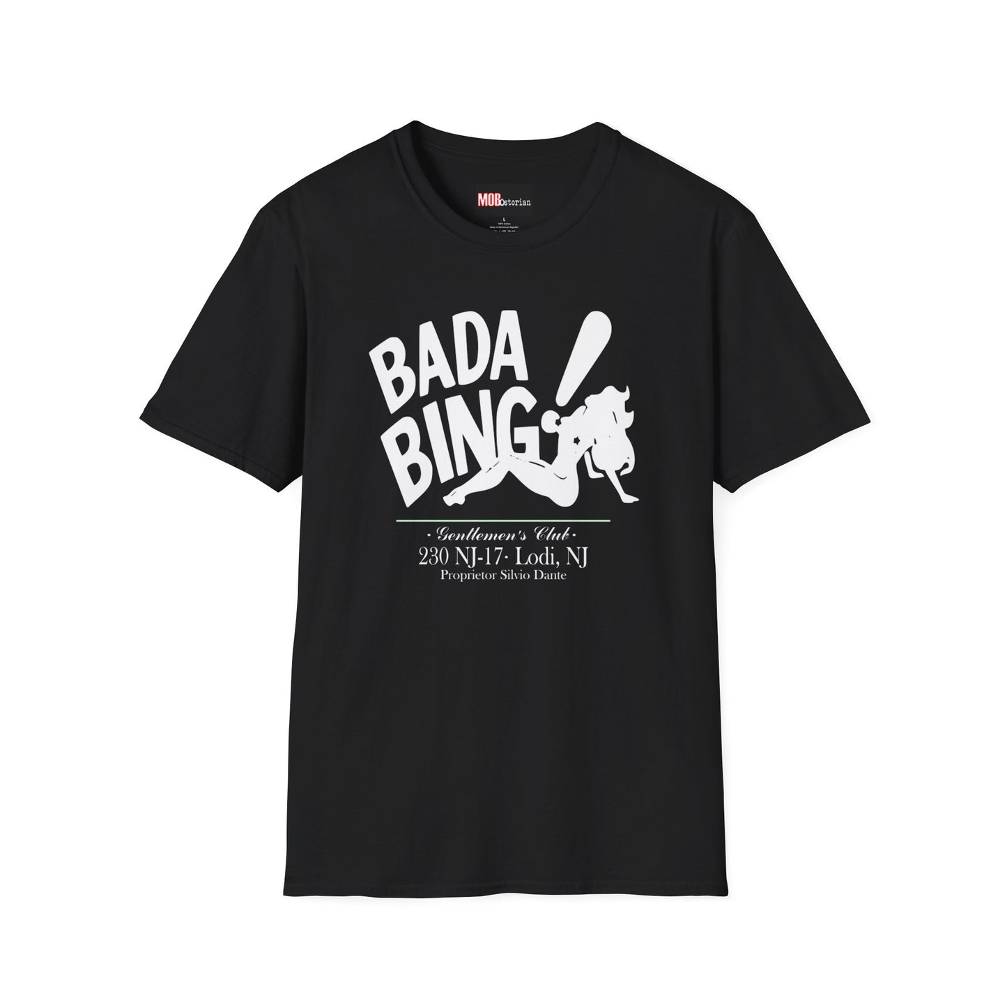 Bada Bing white logo on black with address and proprietor text
