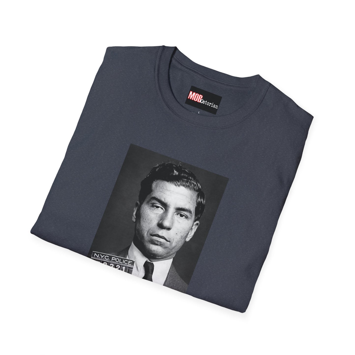 Lucky Luciano Mug Shot with Background with Caption White Lettering