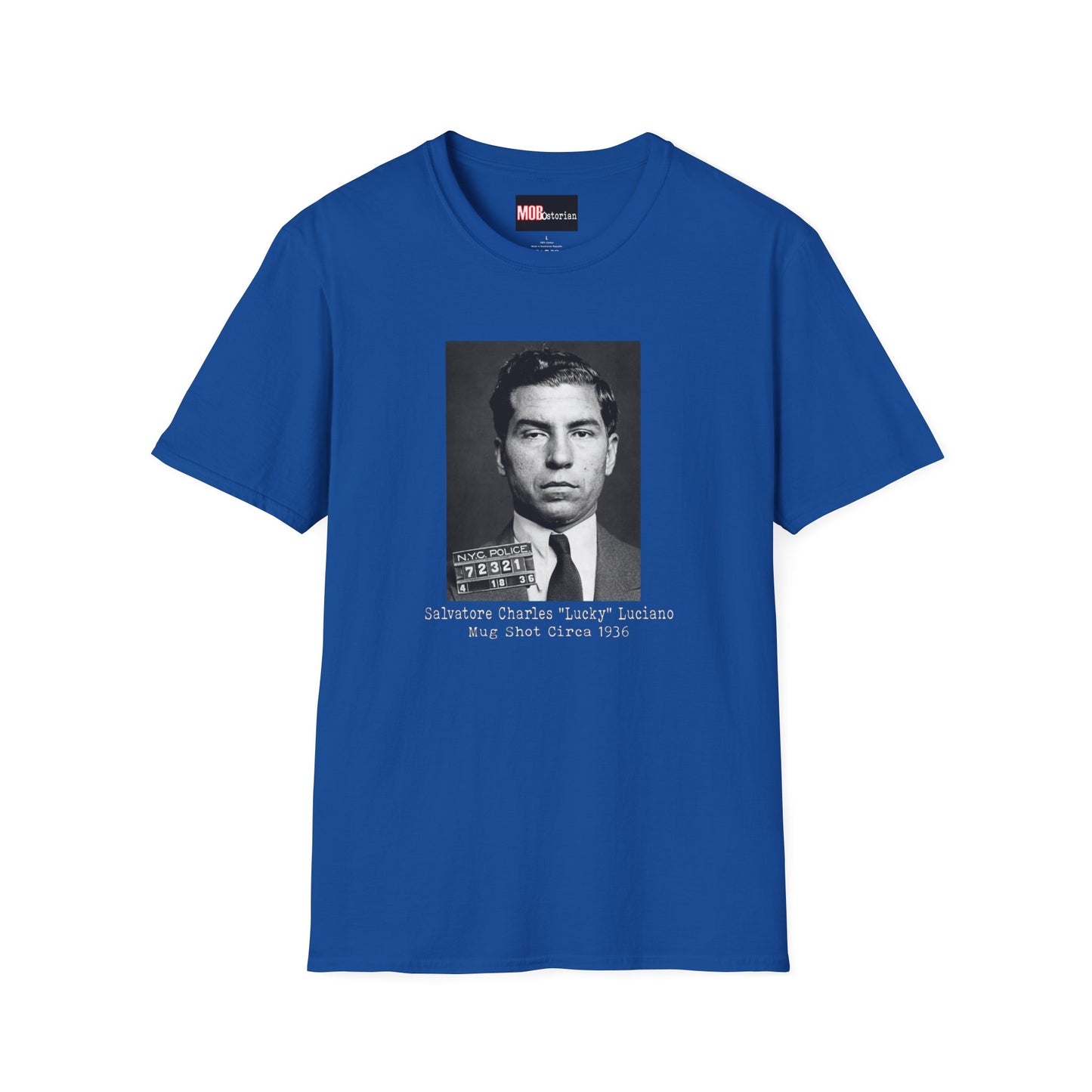 Lucky Luciano Mug Shot with Background with Caption White Lettering